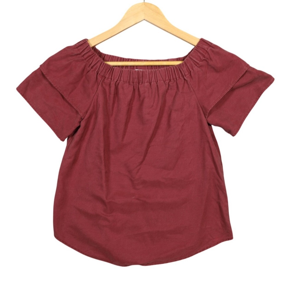 H M‎ Off Shoulder Ruffle Sleeve Gathered Neck Top Burgundy Women's Size S